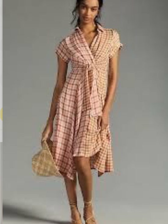Anthropologie Dresses & Skirts - Anthropologie Pink Plaid Asymmetrical Tie-Front Midi Dress
